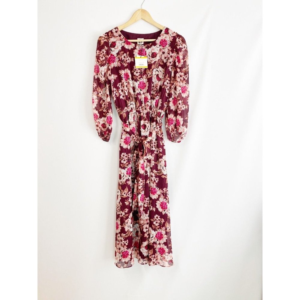 Anne Klein Floral Print Elastic Waist Dress Elderberry Combo S - Picture 3 of 6